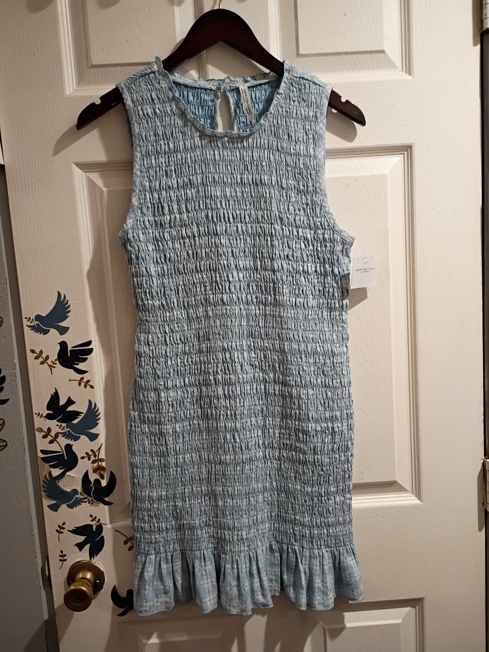 NWT American Eagle Light Blue Sleeveless Smocked Scrunchy Ruffle-Hem Dress